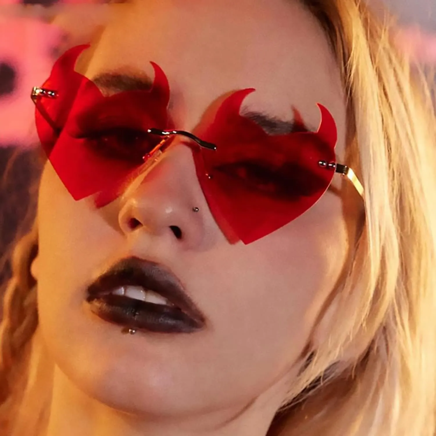 Votange Rimless Devil Horns Heart Sunglasses For Women Retro Novelty Funny Halloween Party Demon Ear Heart Shaped Eyewear…