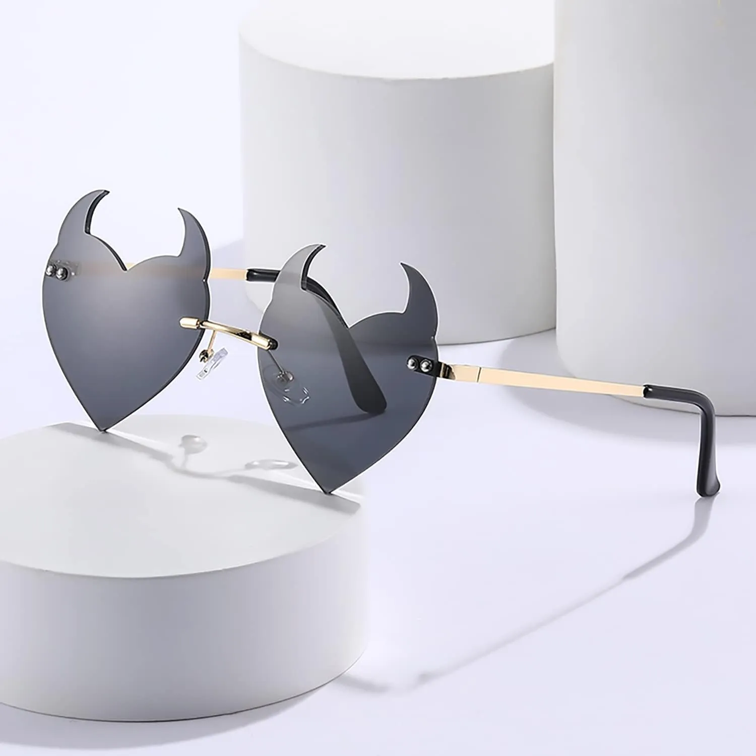 Votange Rimless Devil Horns Heart Sunglasses For Women Retro Novelty Funny Halloween Party Demon Ear Heart Shaped Eyewear…