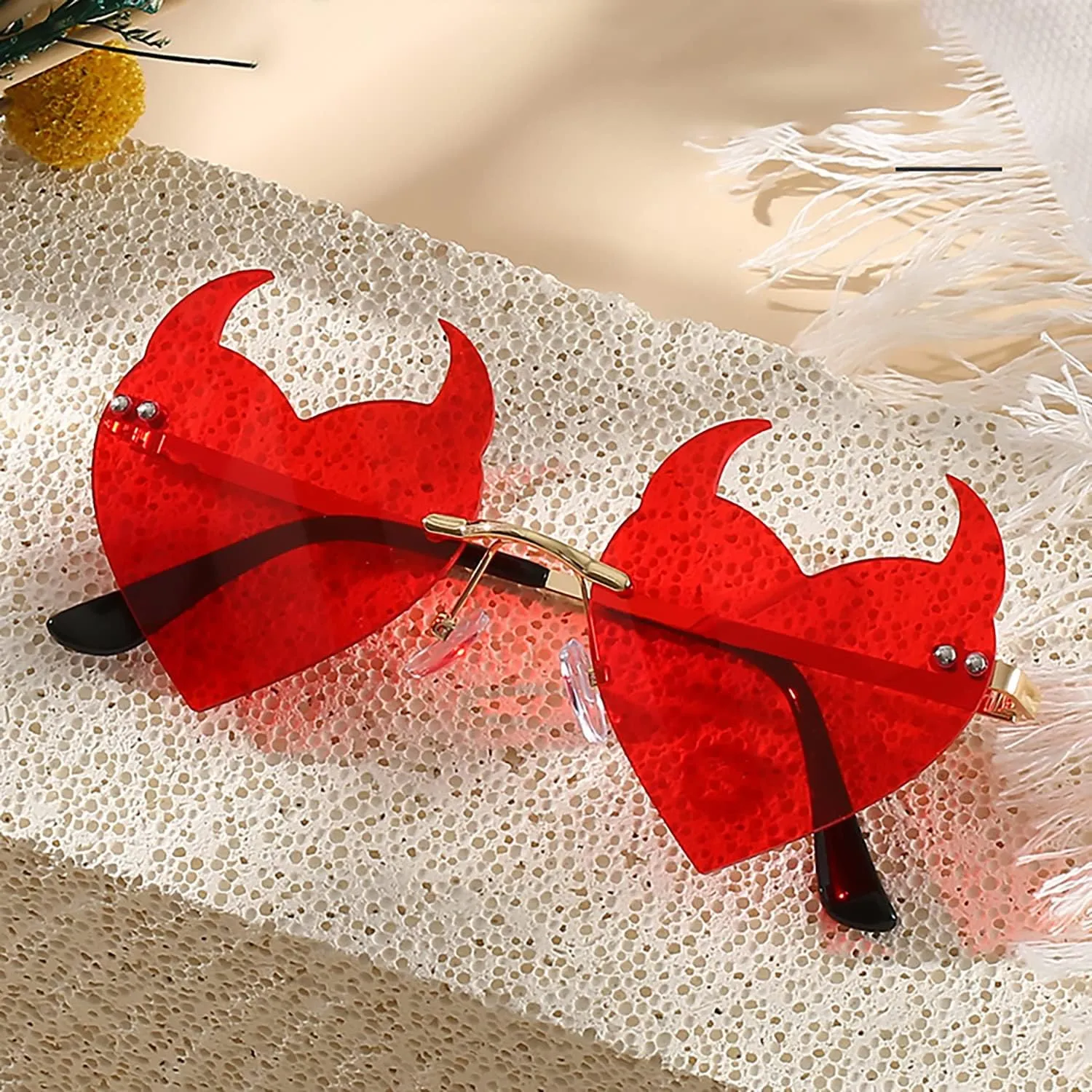 Votange Rimless Devil Horns Heart Sunglasses For Women Retro Novelty Funny Halloween Party Demon Ear Heart Shaped Eyewear…