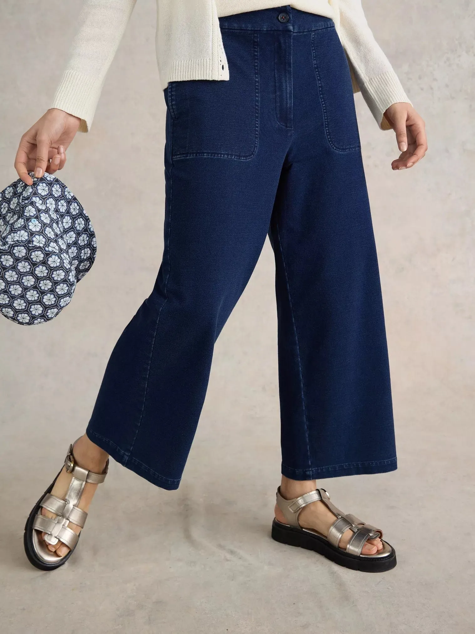 White Stuff Belle Jersey Wide Leg Crop in Dark Denim