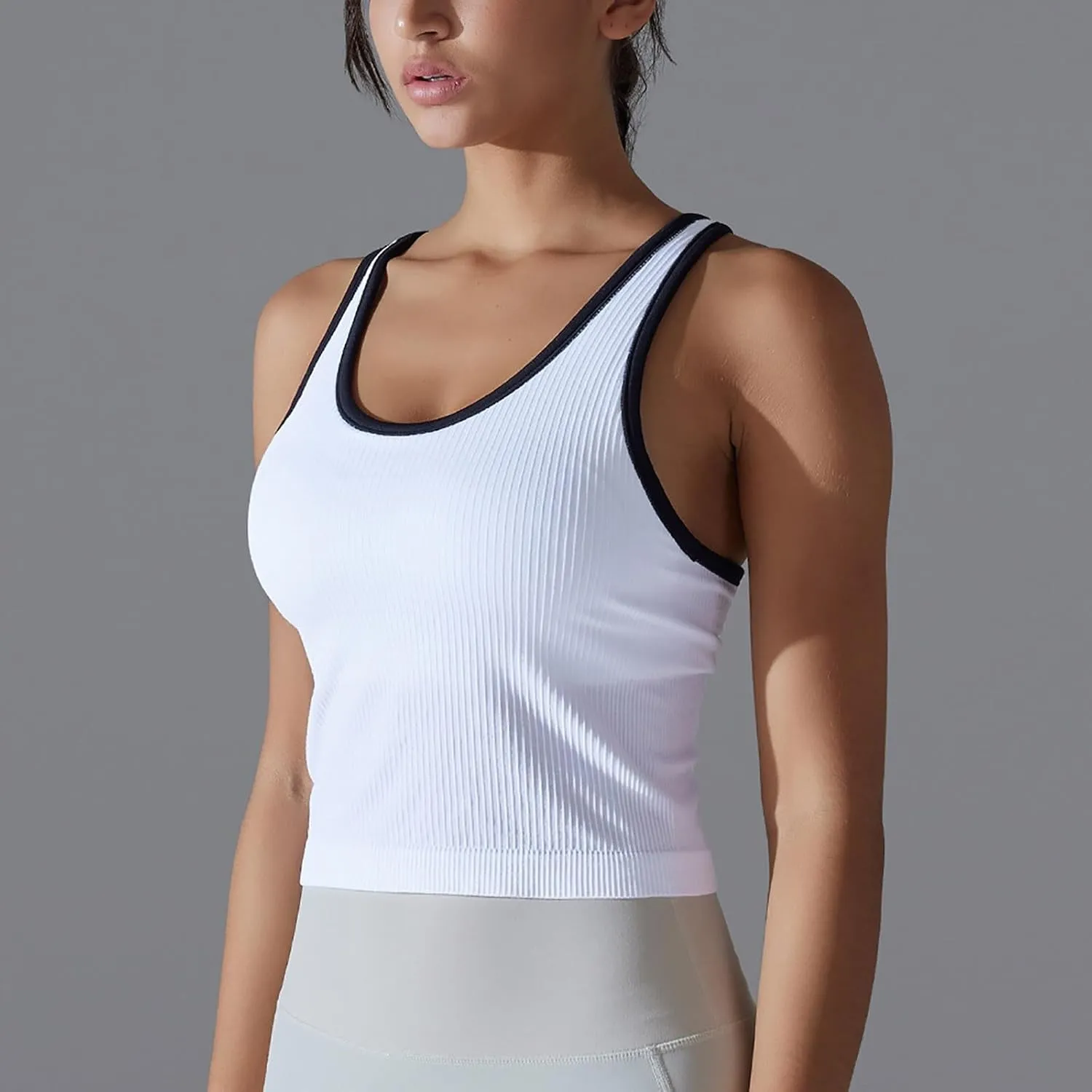 Women Athletic Workout Racerback Shirts, Summer Sleeveless Running Training Tank Tops Elastic Ribbed Slim Fit Clothes