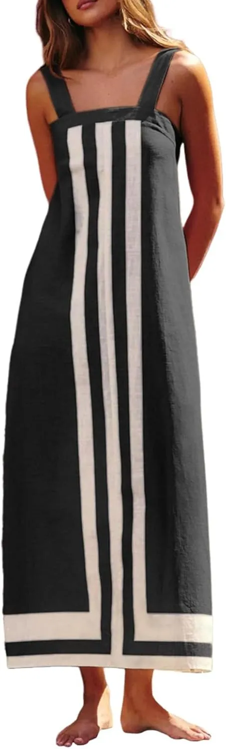 Women Boho Floral Dress Summer Color Block Maxi Beach Vacation Overall Dress Coverups Sleeveless Tank Dress