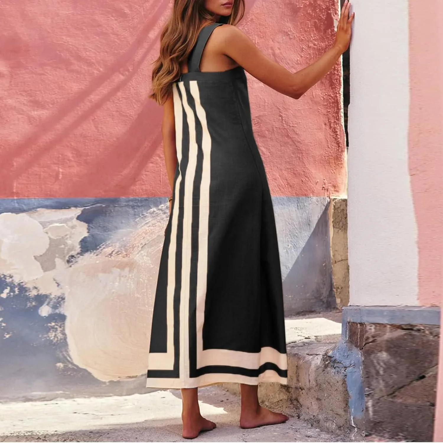 Women Boho Floral Dress Summer Color Block Maxi Beach Vacation Overall Dress Coverups Sleeveless Tank Dress