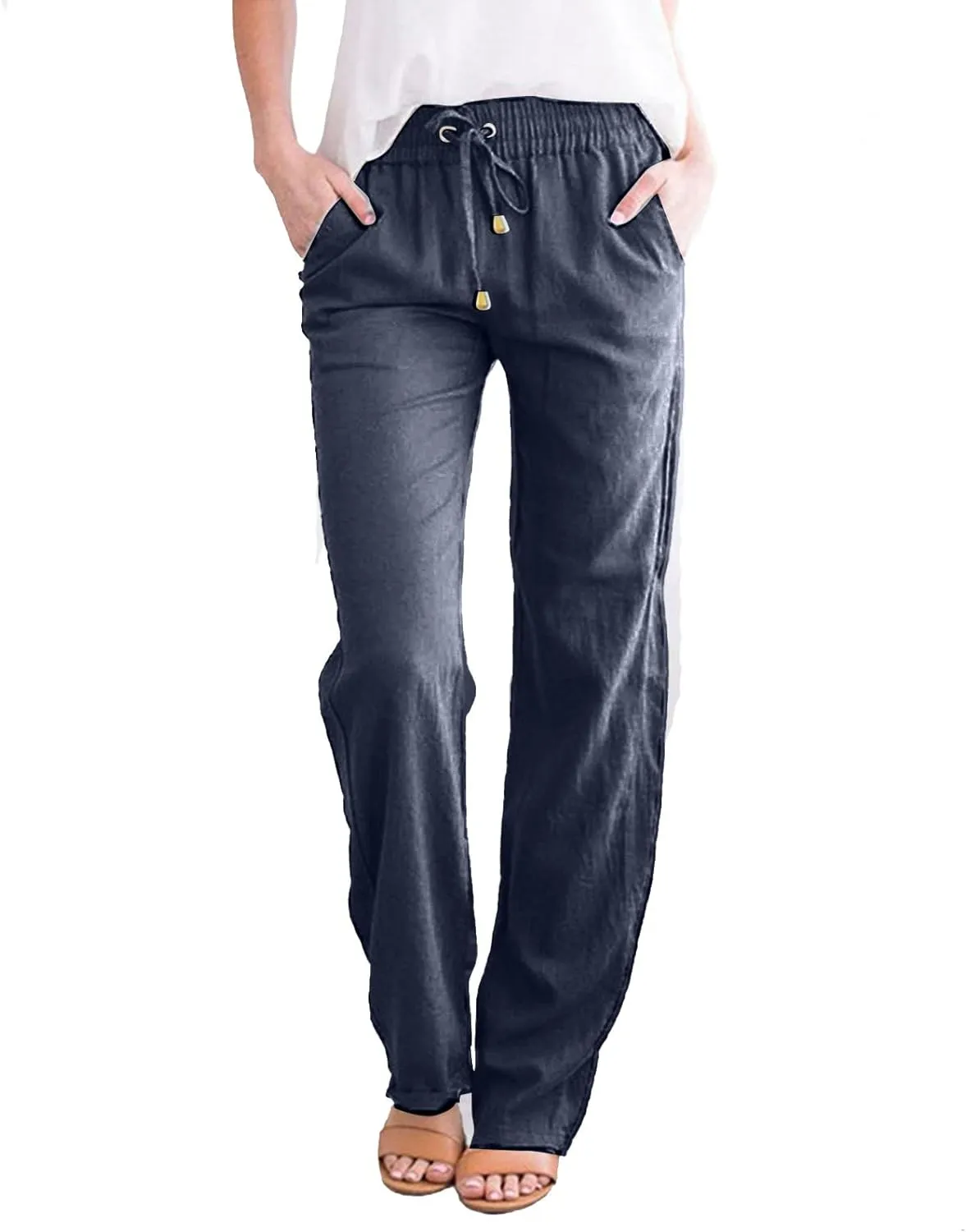 Women Cotton Linen Summer Drawstring Pant Trousers Elastic Waisted Baggy Stretchy Slim-Fit Palazzo Pants Trendy
