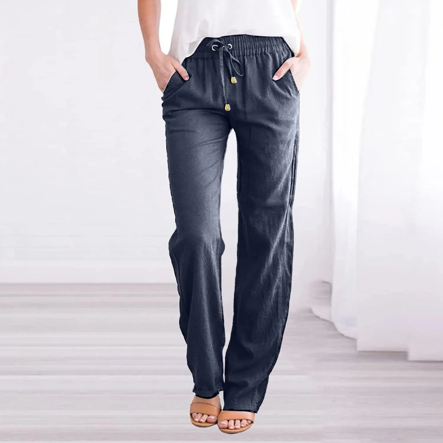 Women Cotton Linen Summer Drawstring Pant Trousers Elastic Waisted Baggy Stretchy Slim-Fit Palazzo Pants Trendy