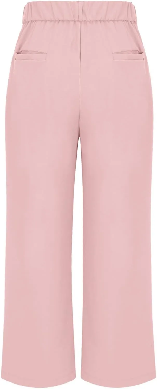 Women Linen Summer Drawstring Palazzo Lounge Pants High Waist Stretchy Slim Fit Trousers Work Business