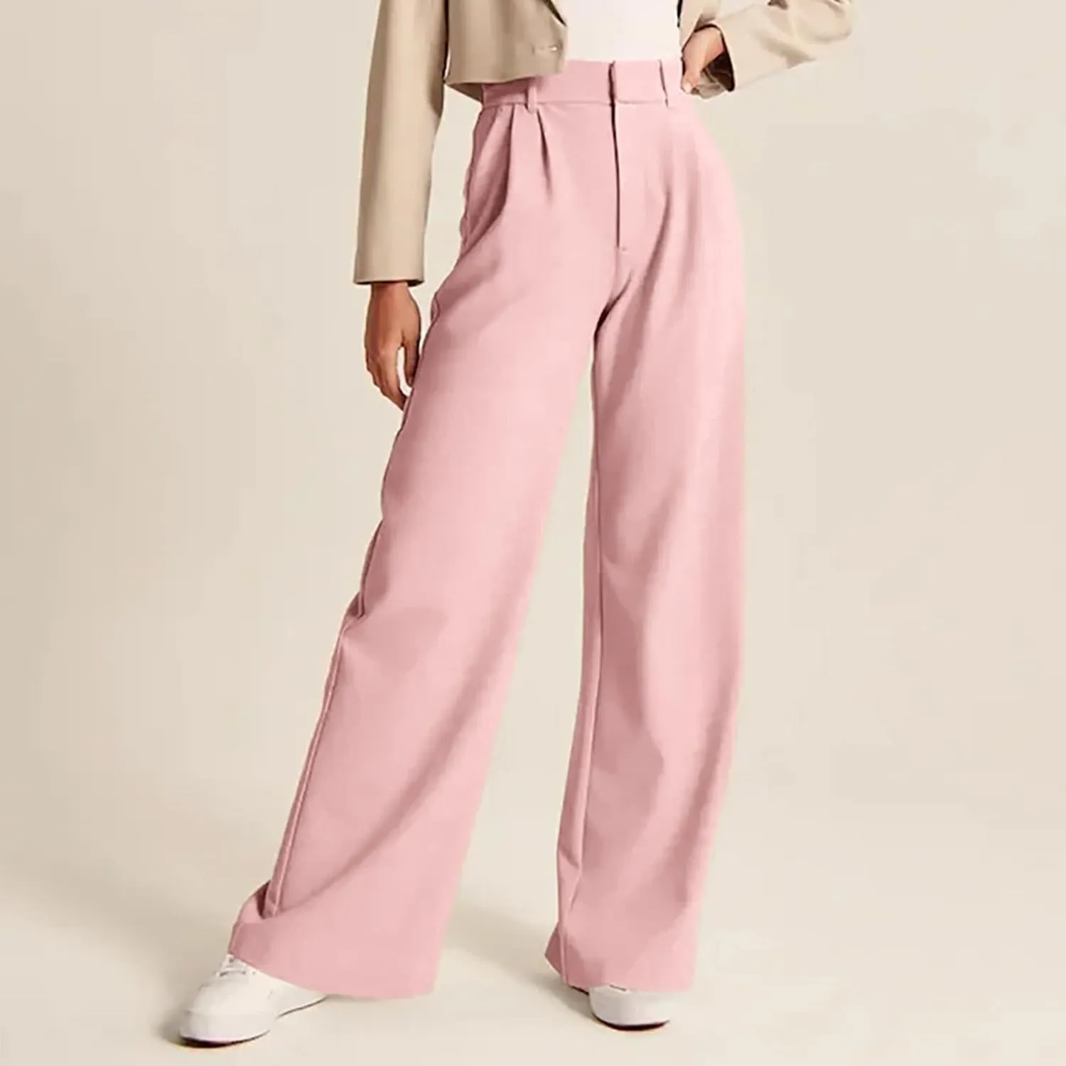 Women Linen Summer Drawstring Palazzo Lounge Pants High Waist Stretchy Slim Fit Trousers Work Business
