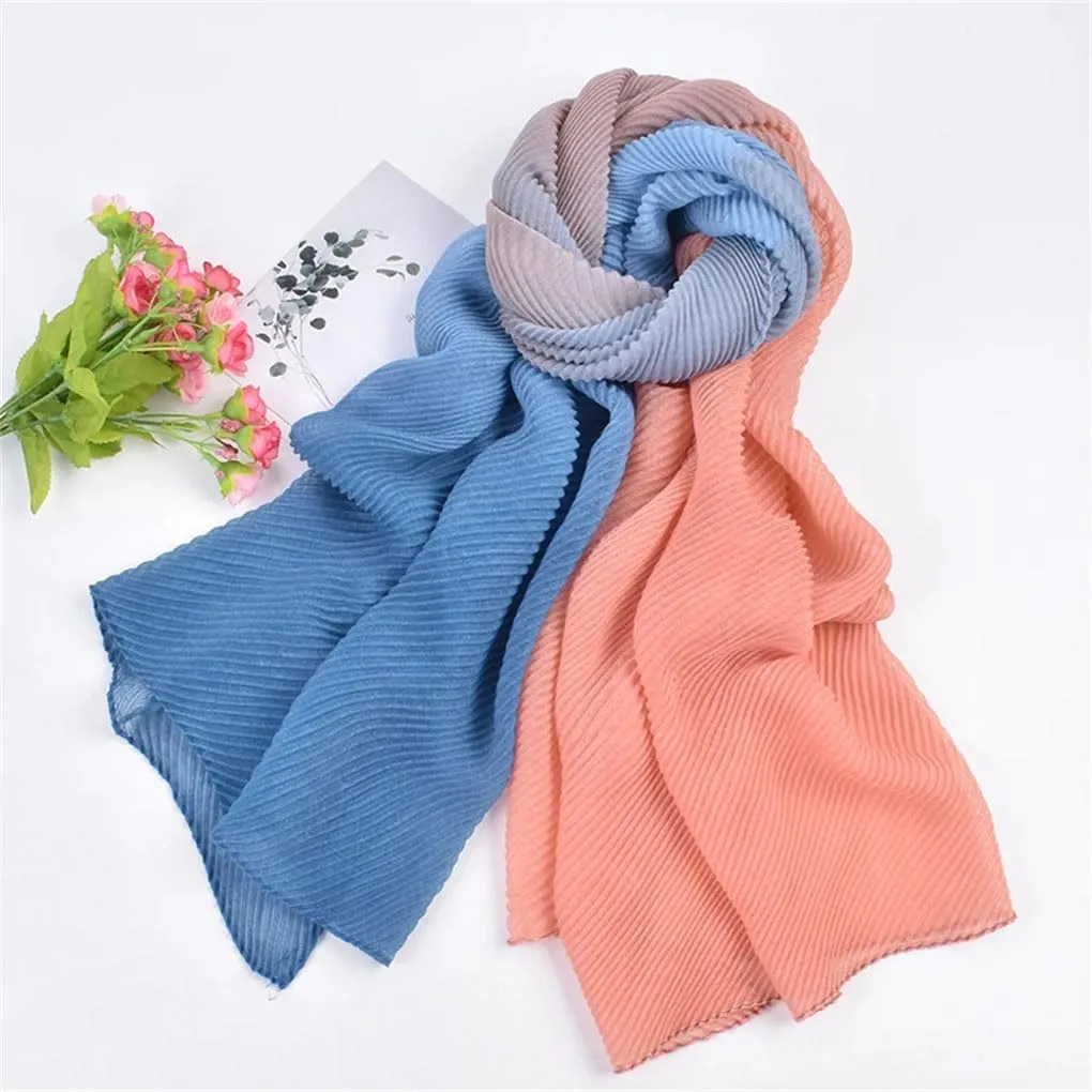 Women Patchwork Long Scarf Lightweight Breathable Pleated Wrapped Shawl Wraps