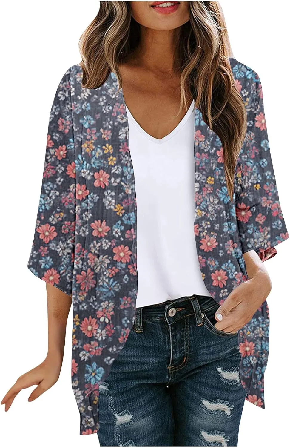 Women's Beach Cover Up Chiffon Kimono Cardigan Flroal Bathing Suit Cover Up Shirt Blouse for Summer Swimwear Coverups