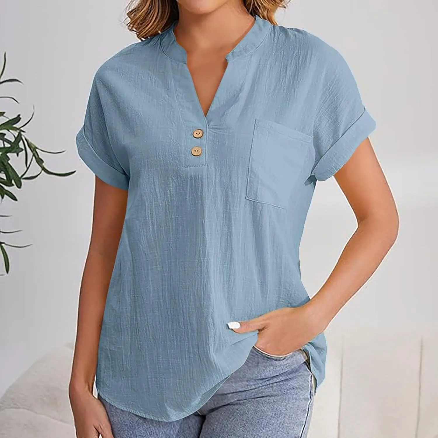 Womens Cotton Gauze Tops Linen Summer Blouses V Neck Short Sleeve Shirts Dressy Casual Tunics Beach Vacation Clothing