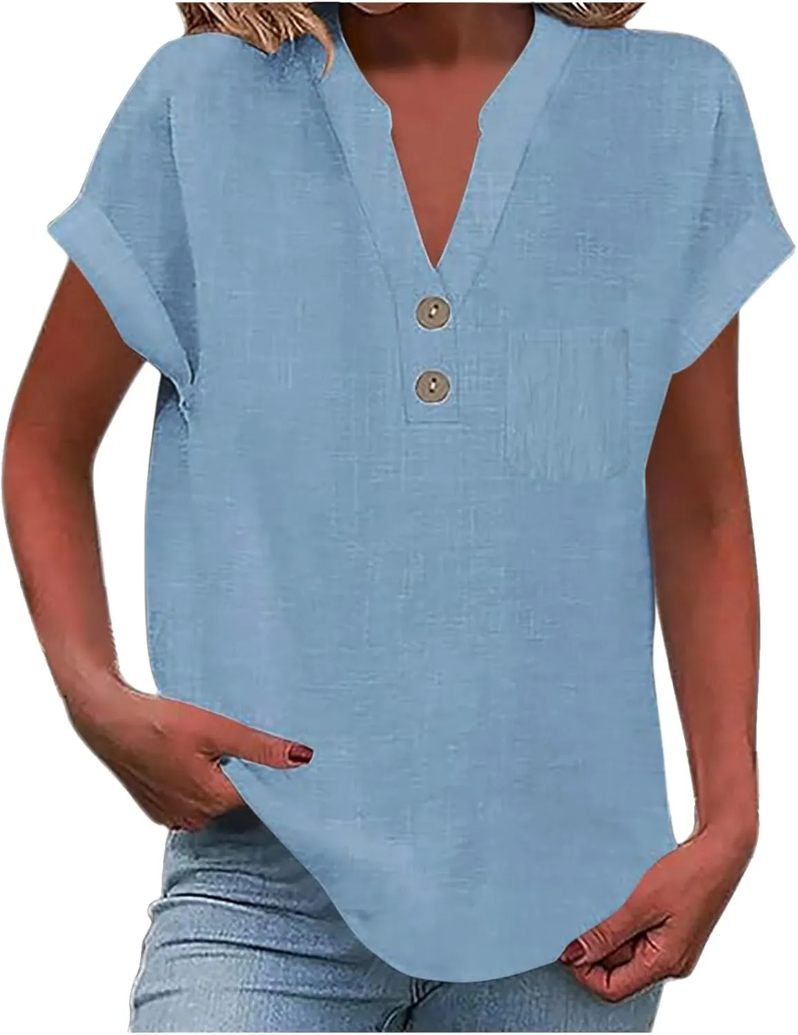Womens Cotton Gauze Tops Linen Summer Blouses V Neck Short Sleeve Shirts Dressy Casual Tunics Beach Vacation Clothing