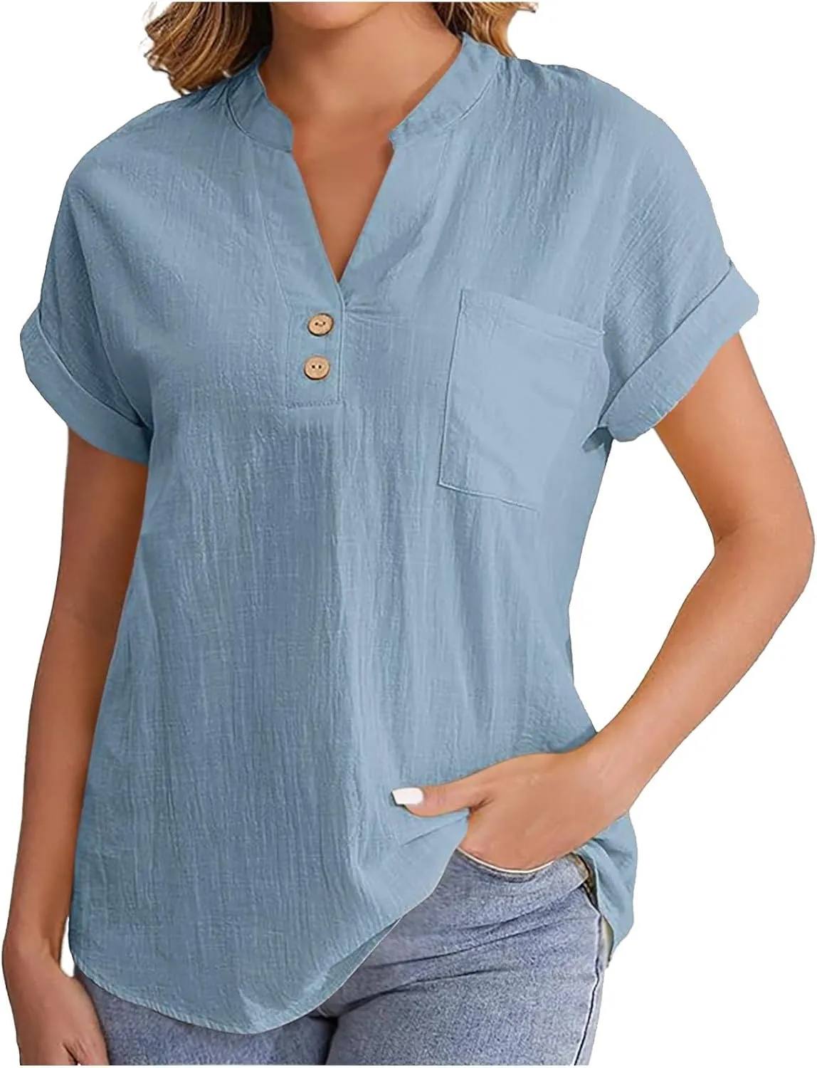 Womens Cotton Gauze Tops Linen Summer Blouses V Neck Short Sleeve Shirts Dressy Casual Tunics Beach Vacation Clothing