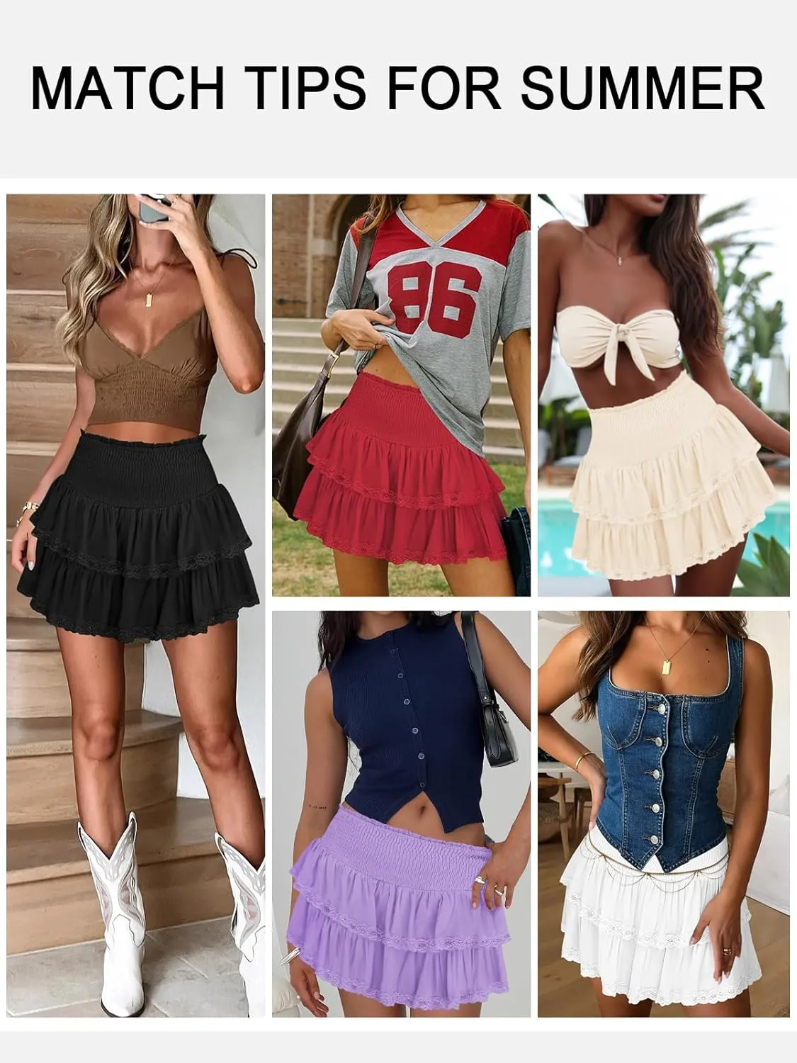 Women's Cute High Waist Ruffle Mini Skirt Layered Ruffle Hem Flared Flowy Casual Swing Beach Mini Short Skirt