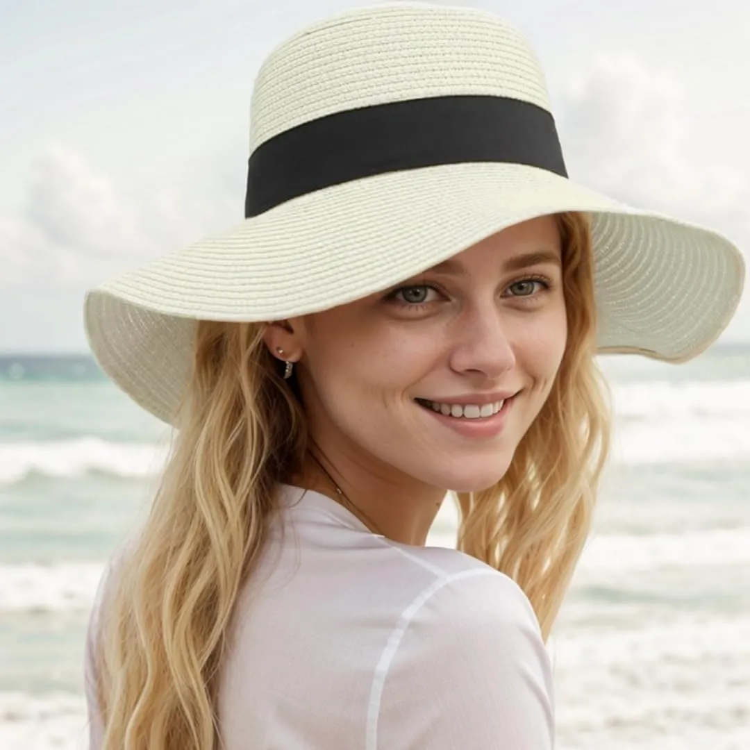 Womens Floppy Beach Sun Straw Hat Foldable Travel Wide Brim Summer Bucket Hat UPF 50 