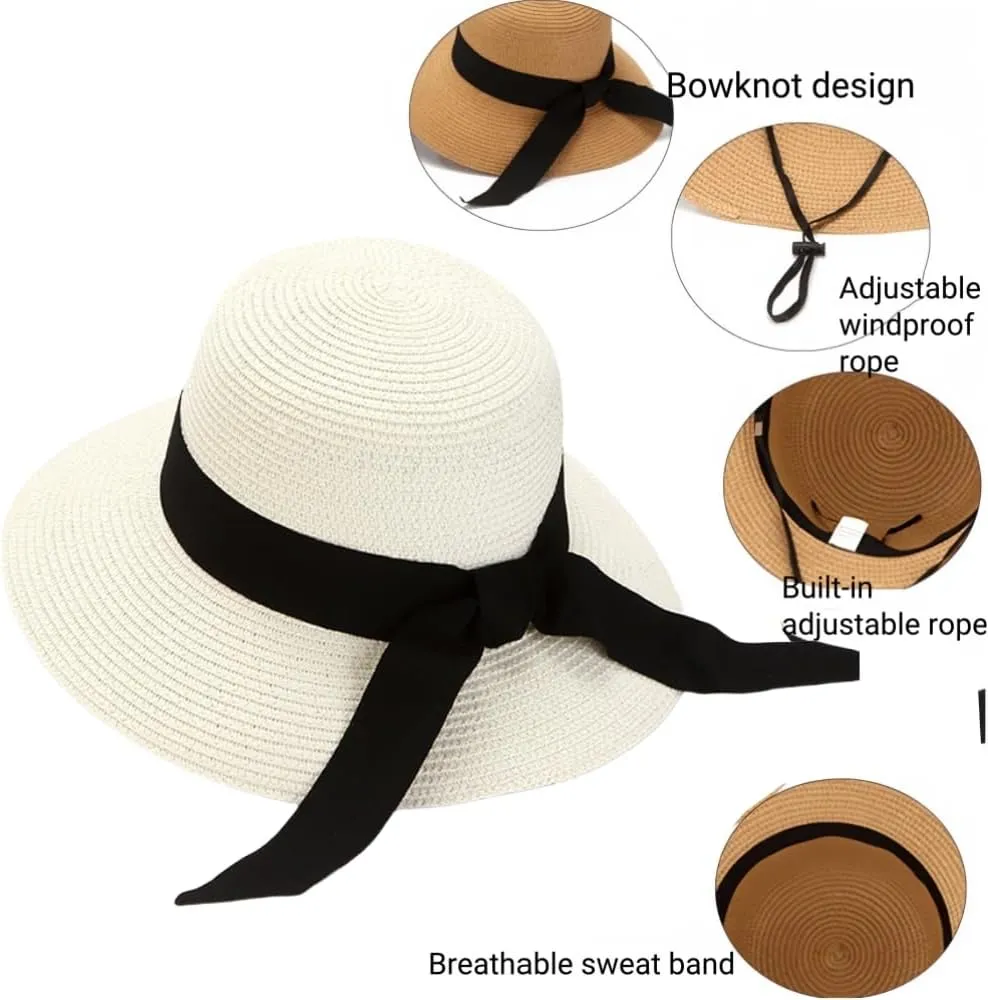 Womens Floppy Beach Sun Straw Hat Foldable Travel Wide Brim Summer Bucket Hat UPF 50 