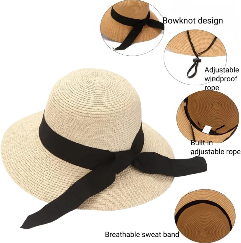 Womens Floppy Beach Sun Straw Hat Foldable Travel Wide Brim Summer Bucket Hat UPF 50 