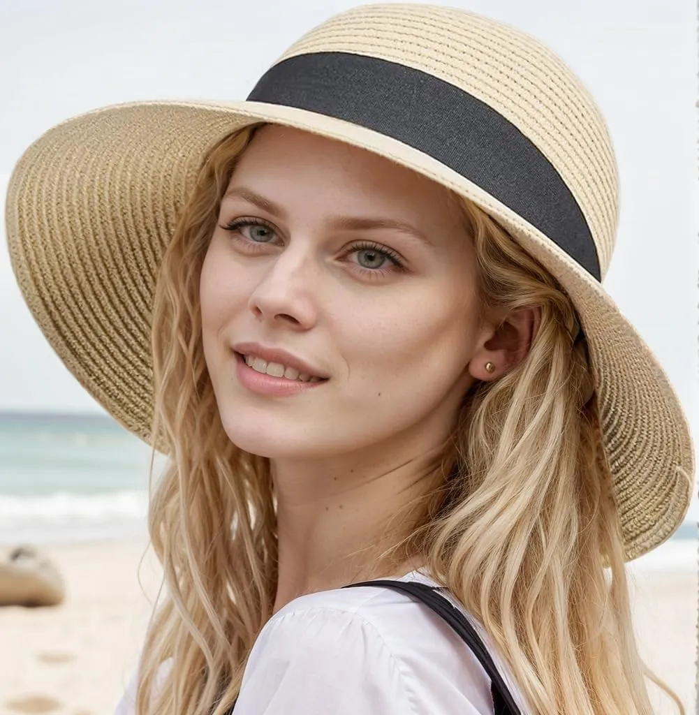 Womens Floppy Beach Sun Straw Hat Foldable Travel Wide Brim Summer Bucket Hat UPF 50 