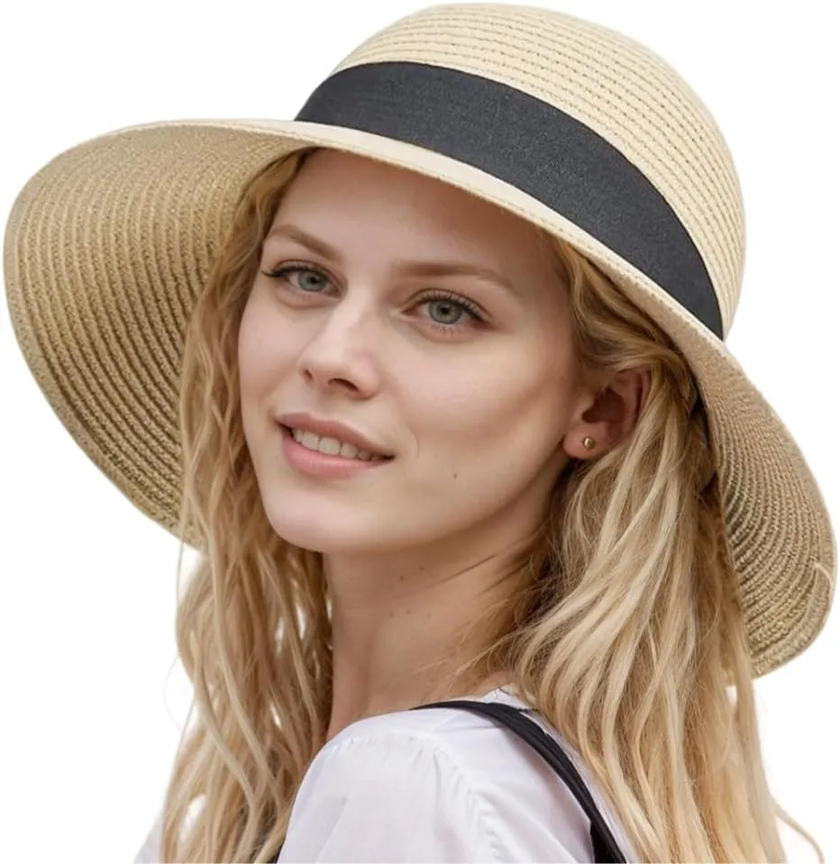 Womens Floppy Beach Sun Straw Hat Foldable Travel Wide Brim Summer Bucket Hat UPF 50 