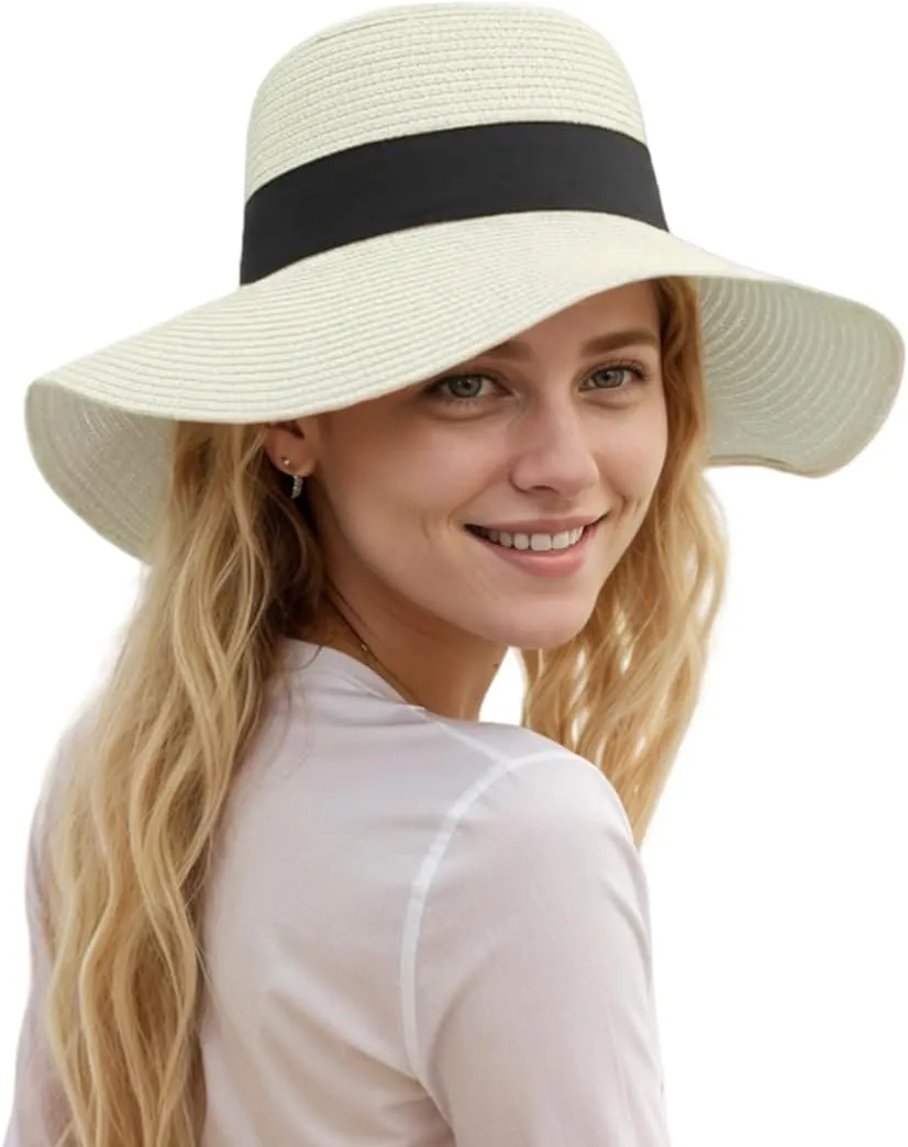 Womens Floppy Beach Sun Straw Hat Foldable Travel Wide Brim Summer Bucket Hat UPF 50 