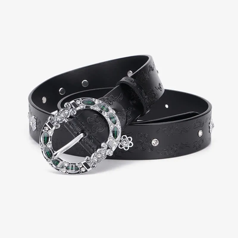 Women's Floral White & Dark Green Rhinestones Leather Belt