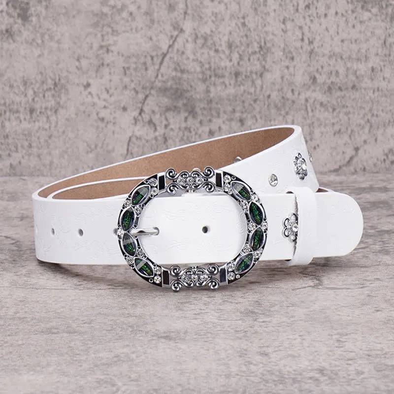 Women's Floral White & Dark Green Rhinestones Leather Belt