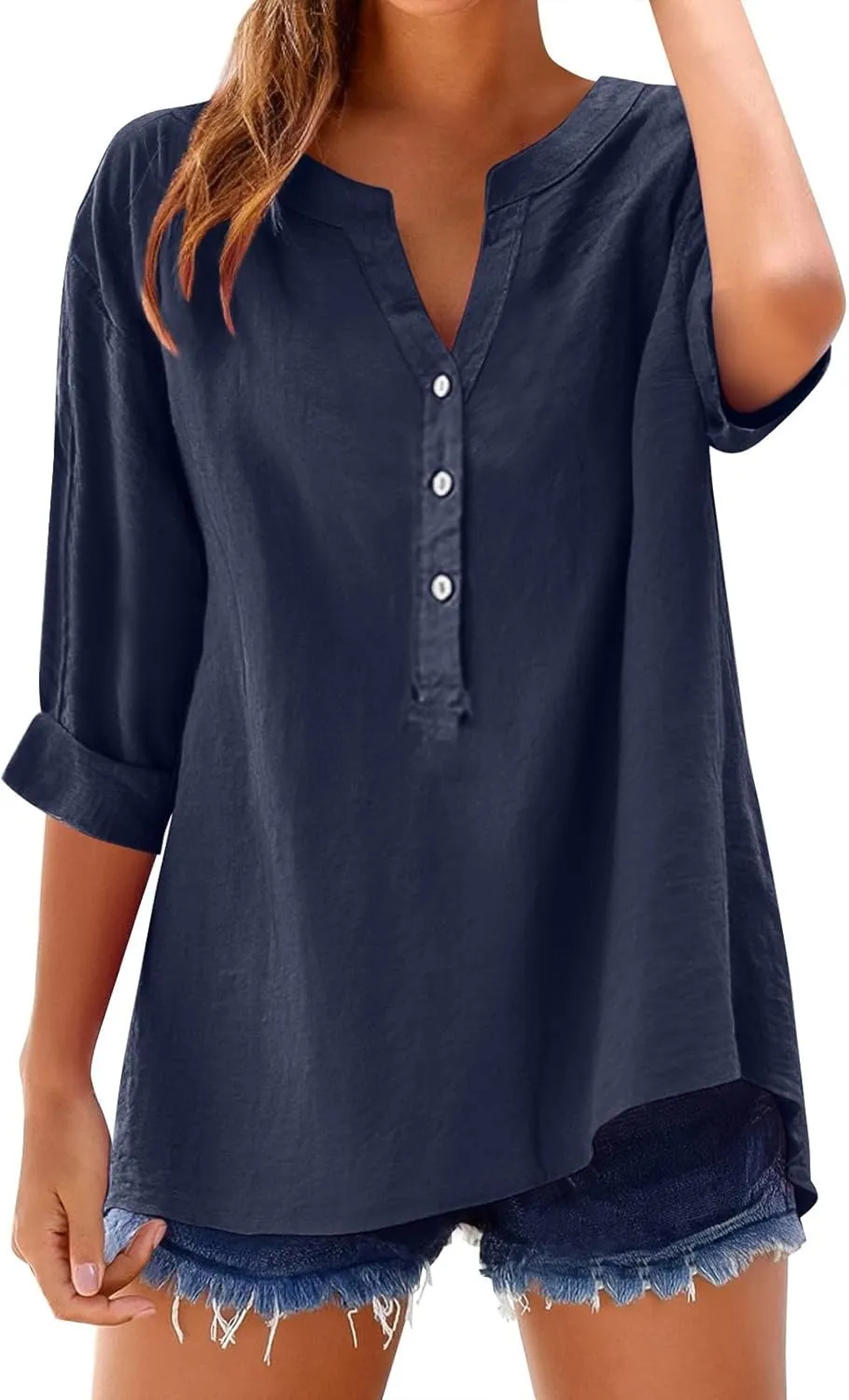 Women's Linen Button Down Shirts 2025 Short Sleeve V Neck Tshirts Light Weight Plain Blouses Casual Fit Tunic Tops