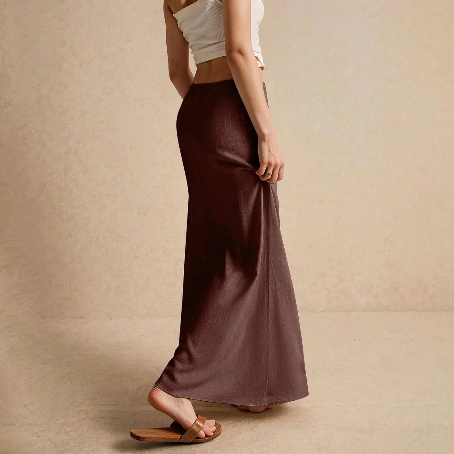 Womens Linen Maxi Skirt Drawstring Low Rise Long Skirts, Summer Trendy Flowy Boho A-Line Flowy Ruffle Elastic Waist Skirts