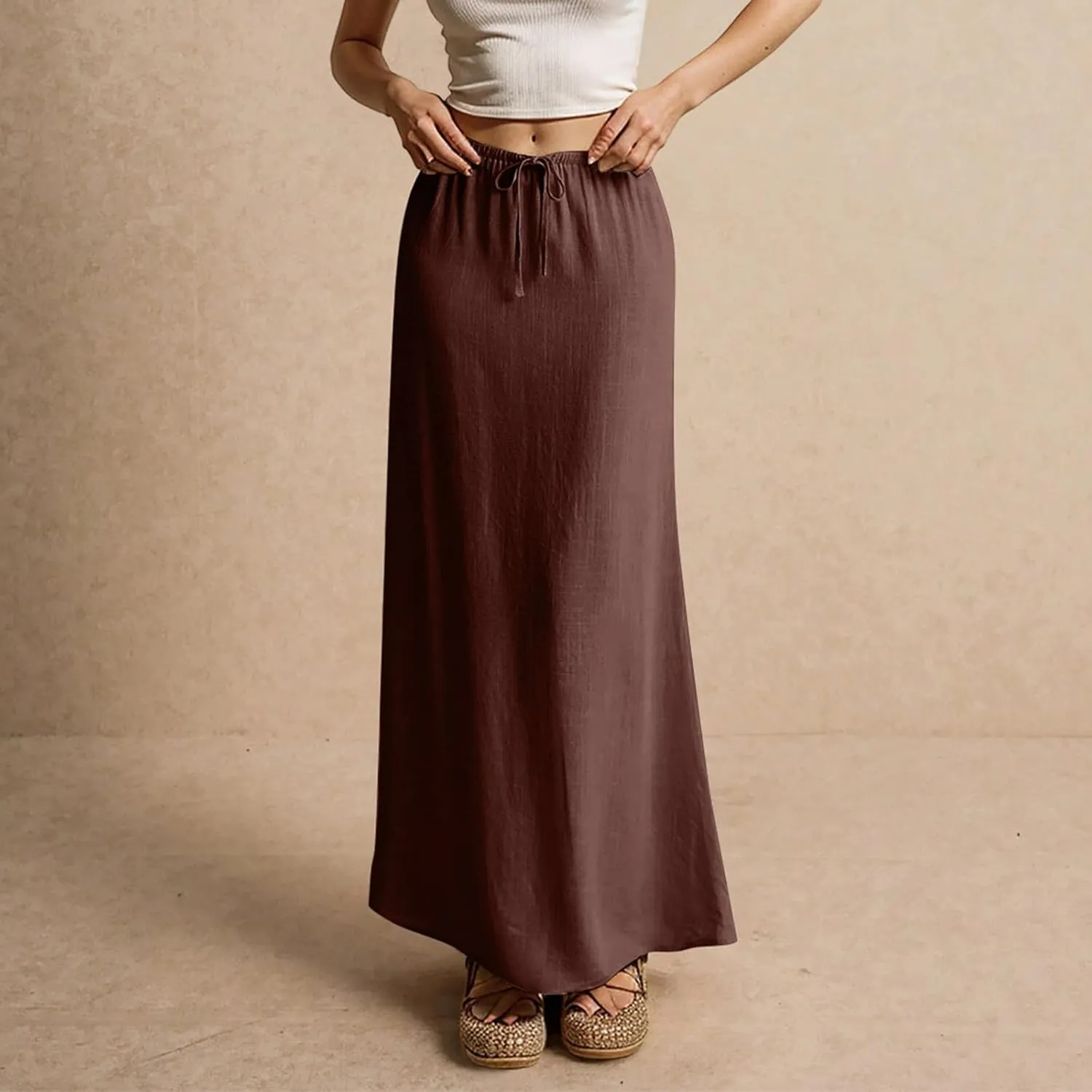 Womens Linen Maxi Skirt Drawstring Low Rise Long Skirts, Summer Trendy Flowy Boho A-Line Flowy Ruffle Elastic Waist Skirts