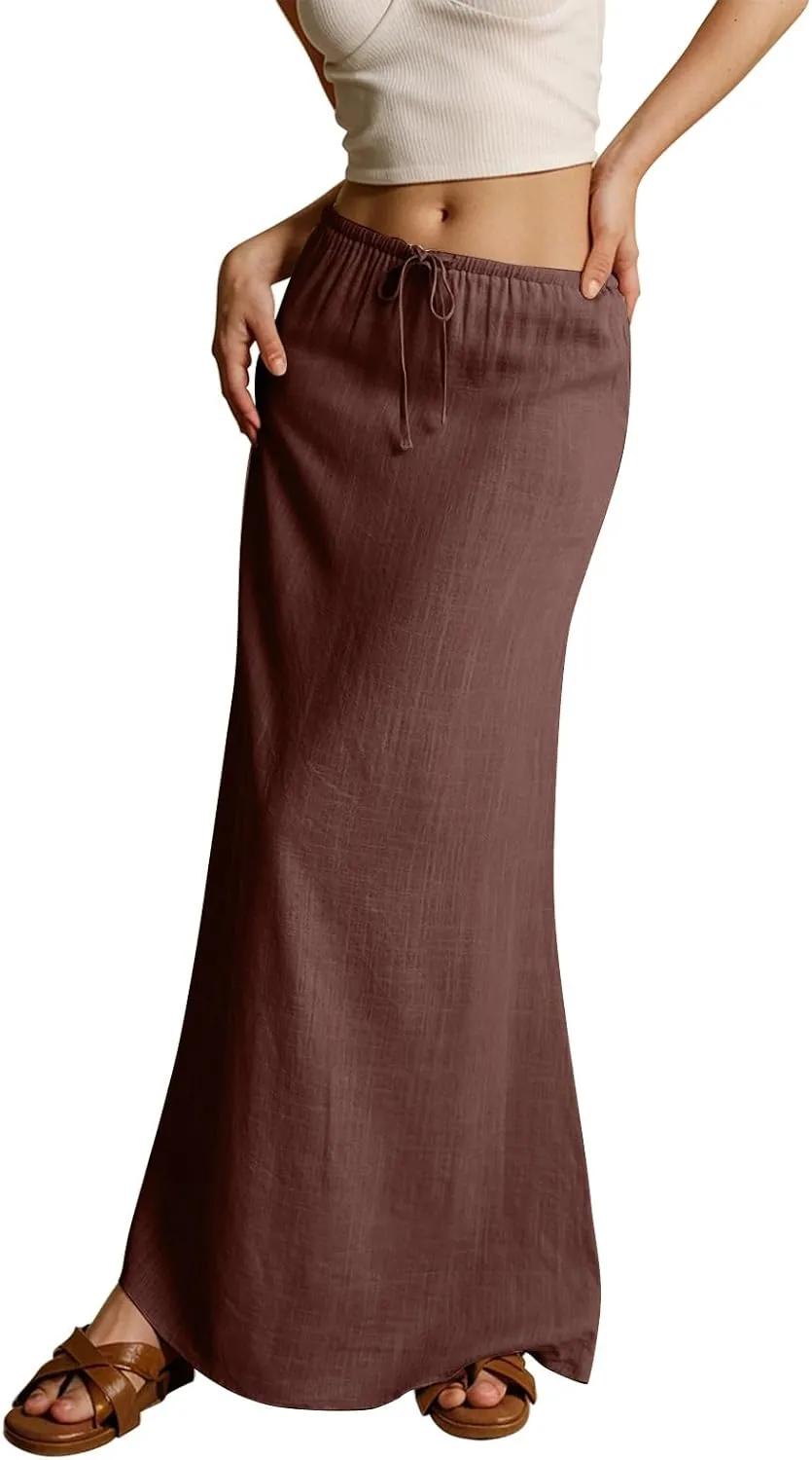 Womens Linen Maxi Skirt Drawstring Low Rise Long Skirts, Summer Trendy Flowy Boho A-Line Flowy Ruffle Elastic Waist Skirts