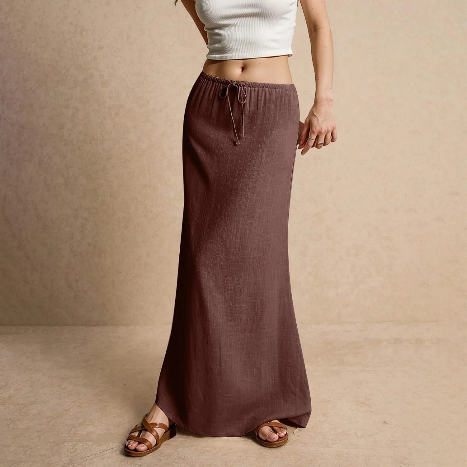 Womens Linen Maxi Skirt Drawstring Low Rise Long Skirts, Summer Trendy Flowy Boho A-Line Flowy Ruffle Elastic Waist Skirts