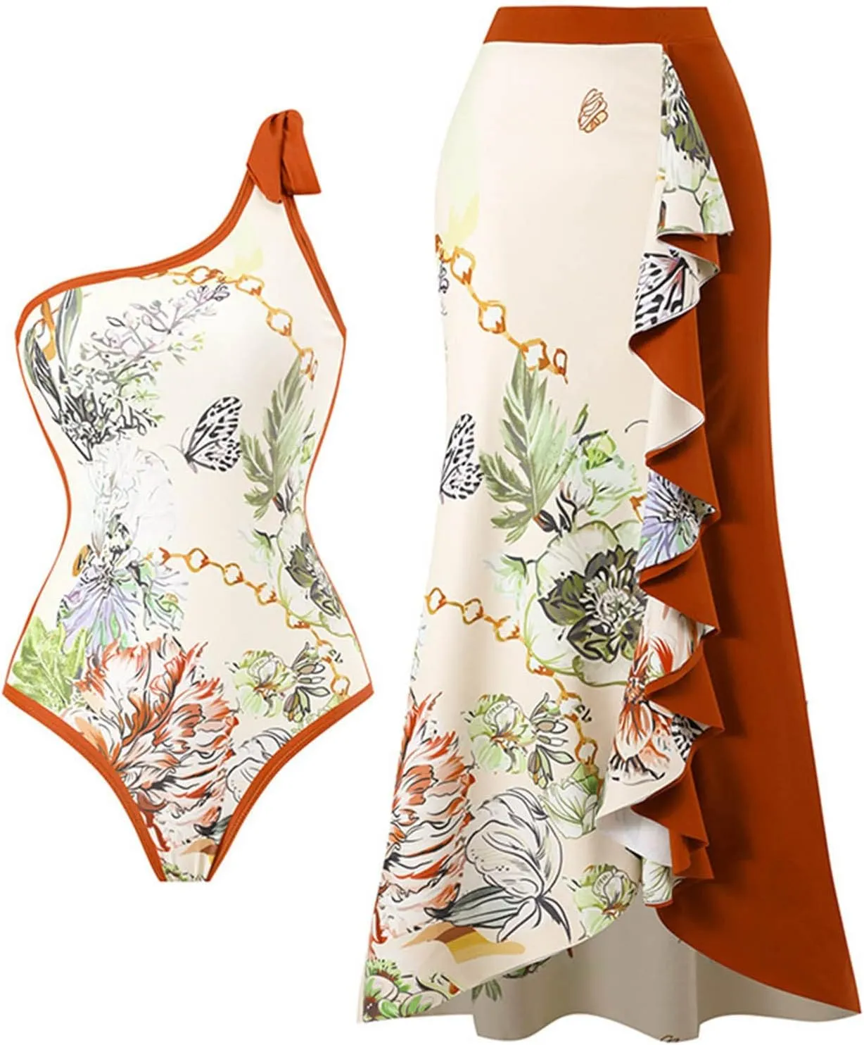Womens One Piece Swimsuit with Beach Cover Up Wrap Skirt Sarong Retro Floral Print Bikini Set Two Piece Bathing Suit