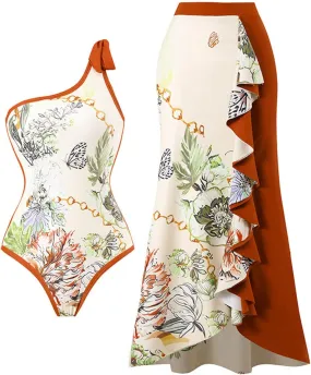 Womens One Piece Swimsuit with Beach Cover Up Wrap Skirt Sarong Retro Floral Print Bikini Set Two Piece Bathing Suit