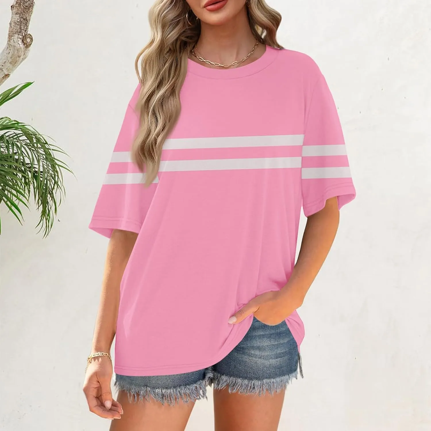 Womens Oversized Striped T Shirts Loose Fit Crewneck Short Sleeve Tops Summer Casual Blouse Y2K 2025 Basic Tee