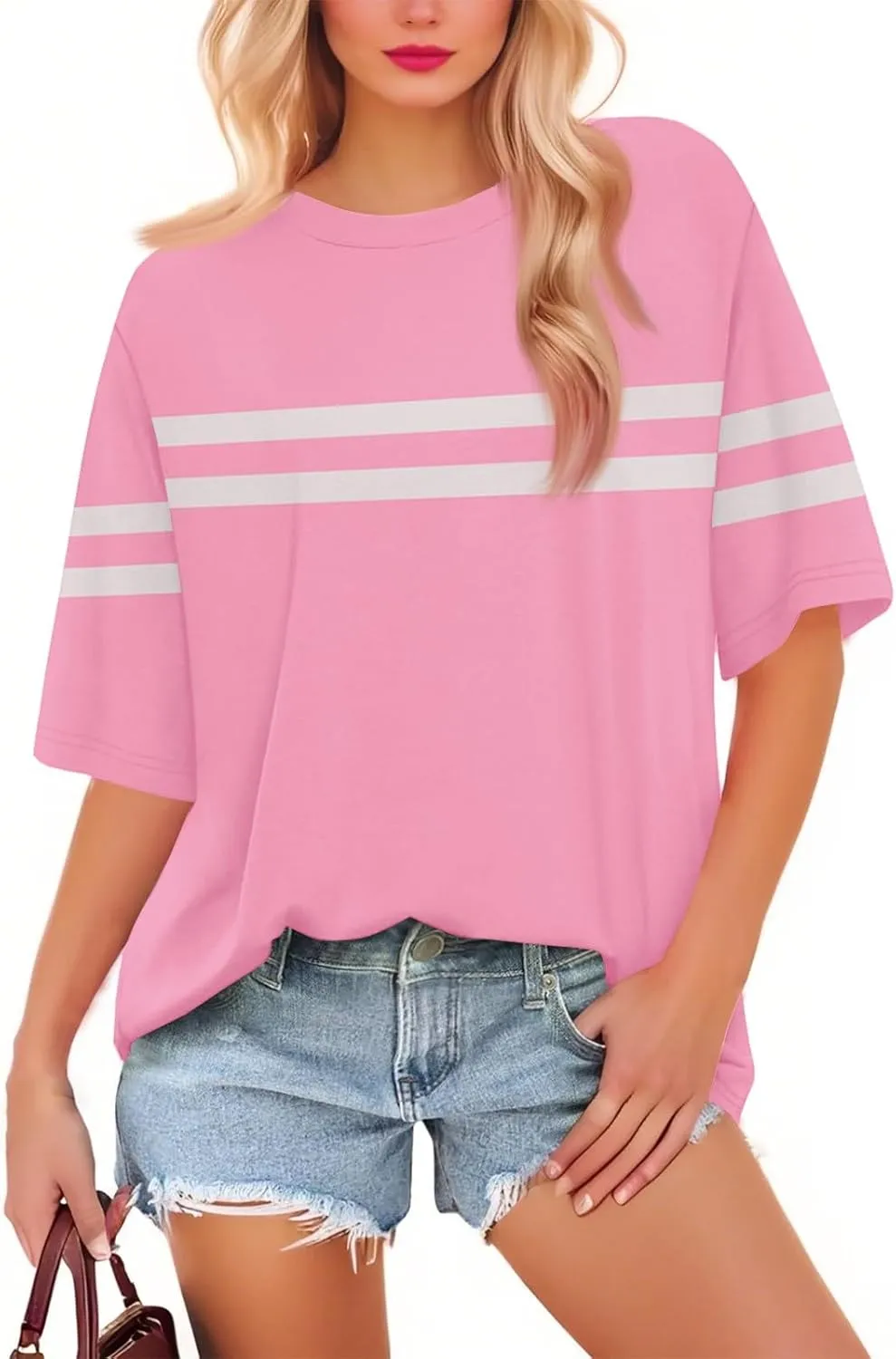 Womens Oversized Striped T Shirts Loose Fit Crewneck Short Sleeve Tops Summer Casual Blouse Y2K 2025 Basic Tee