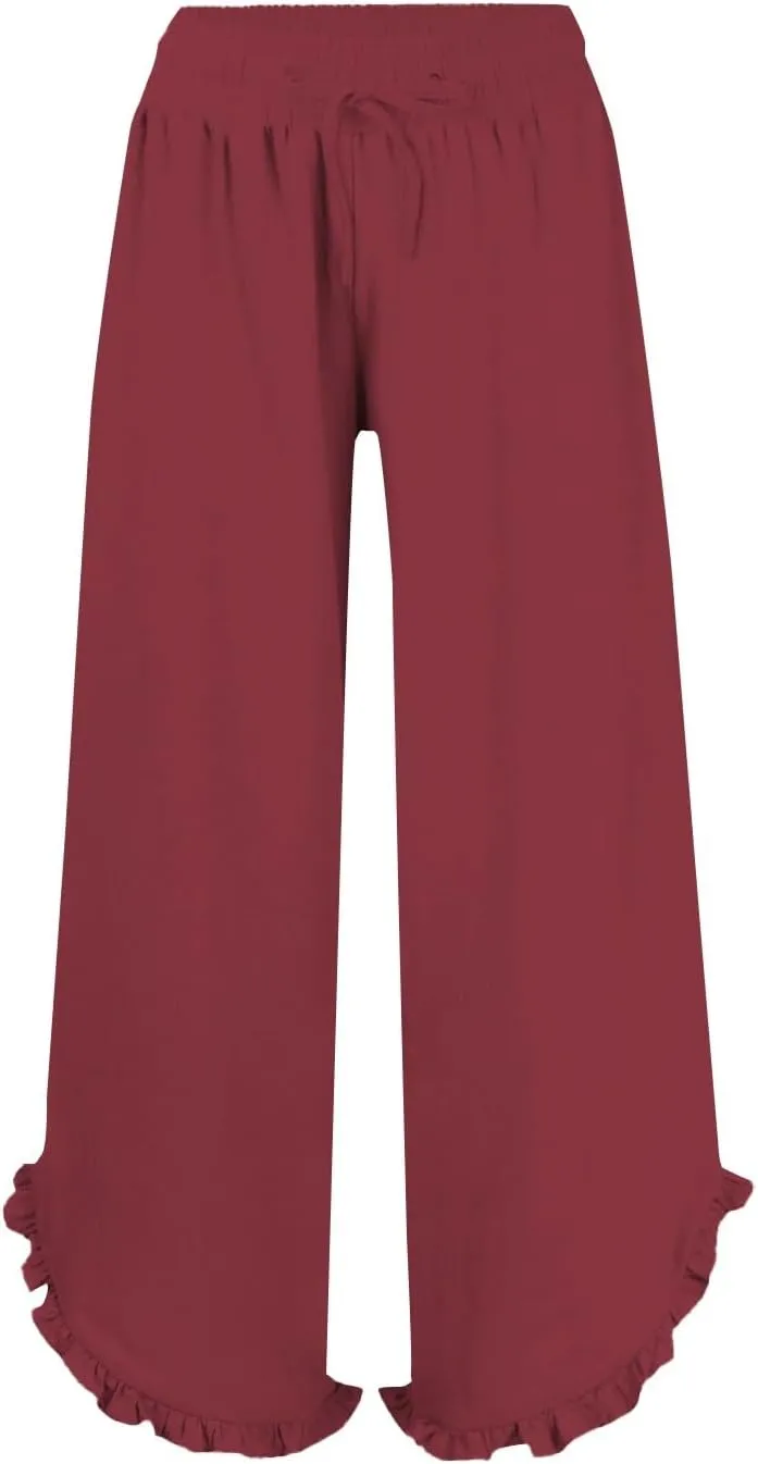 Women's Pants Linen Pants Summer High Waisted Palazzo Pants Wide Leg Drawstring Elastic Waist Loose Comfy Trousers
