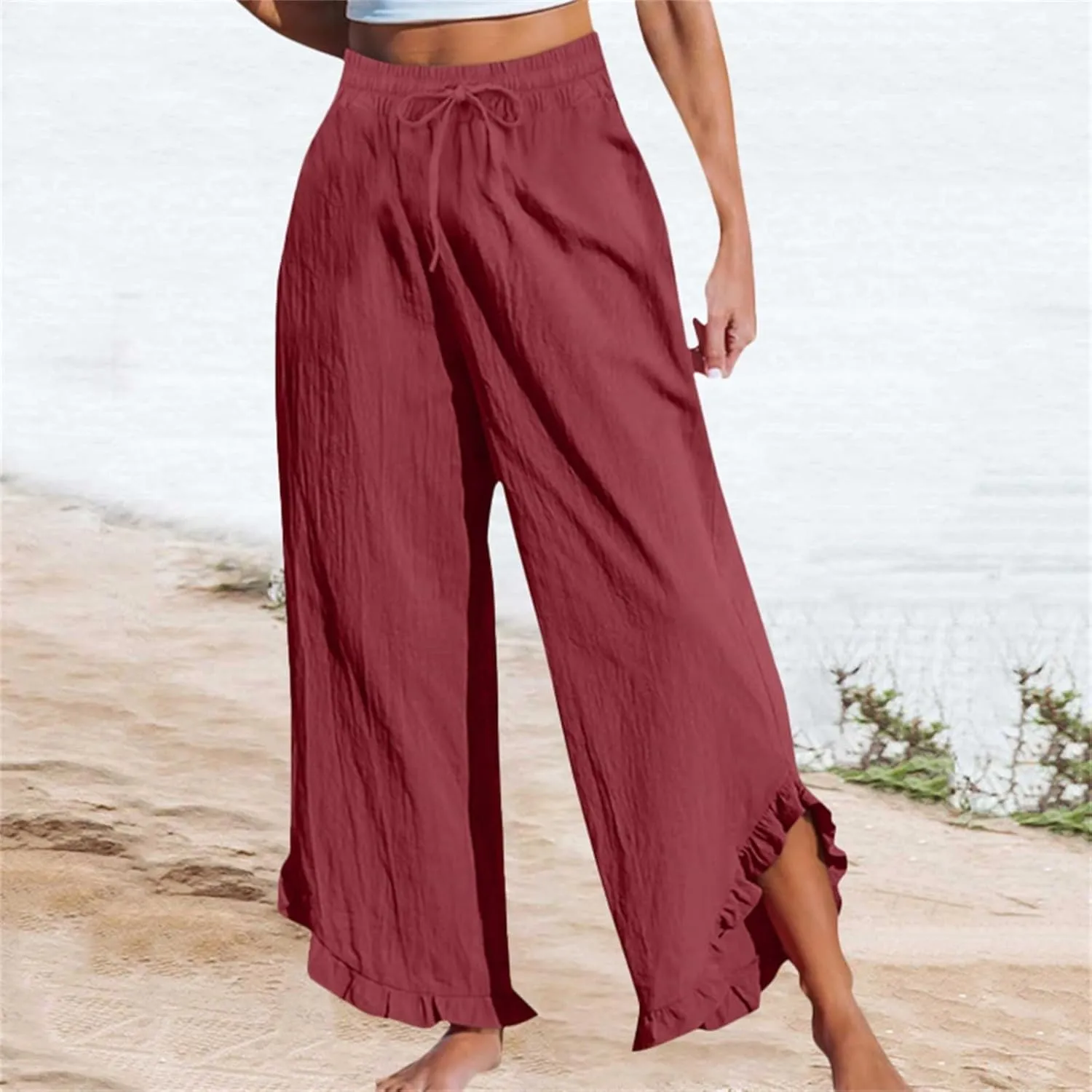 Women's Pants Linen Pants Summer High Waisted Palazzo Pants Wide Leg Drawstring Elastic Waist Loose Comfy Trousers