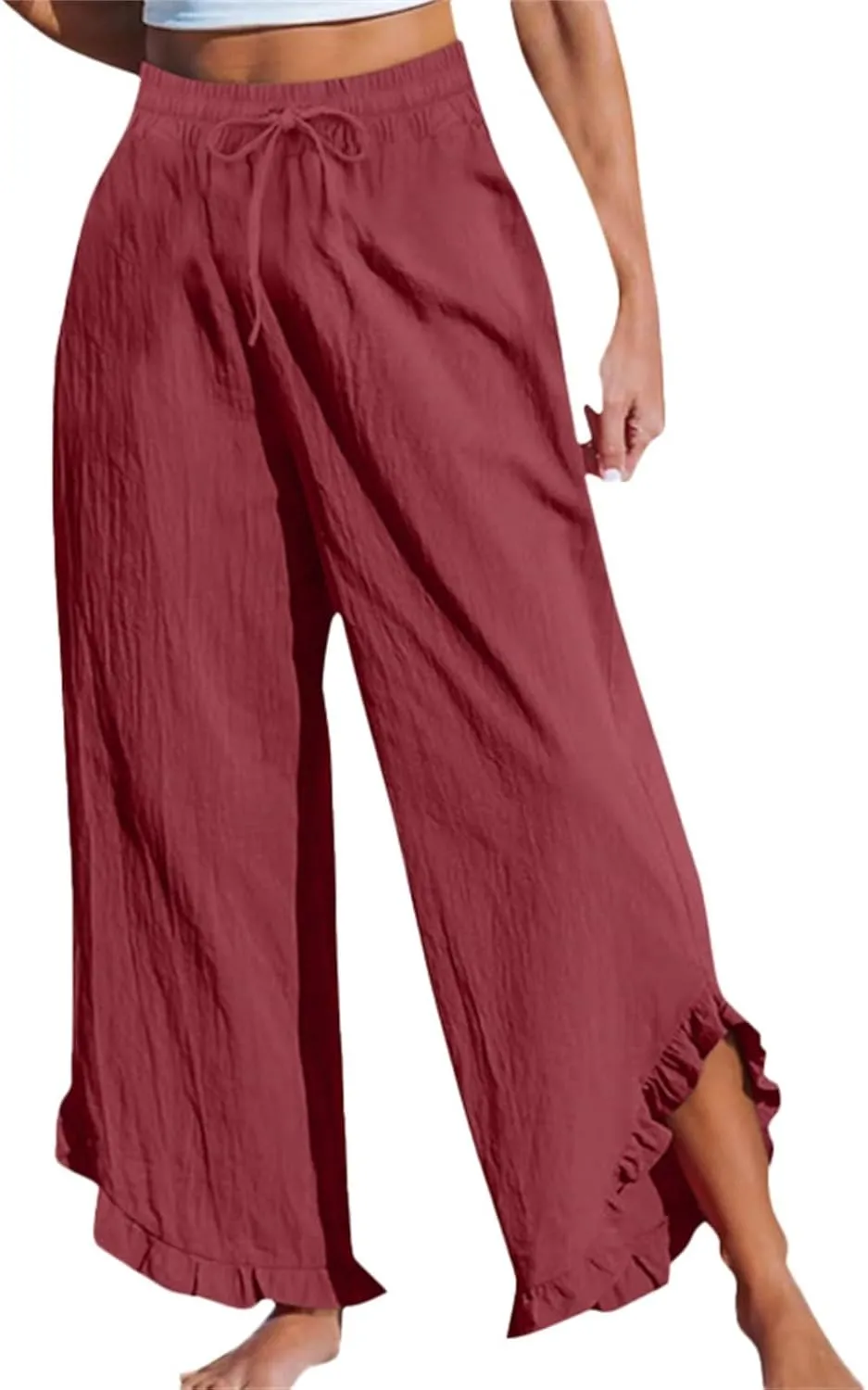 Women's Pants Linen Pants Summer High Waisted Palazzo Pants Wide Leg Drawstring Elastic Waist Loose Comfy Trousers