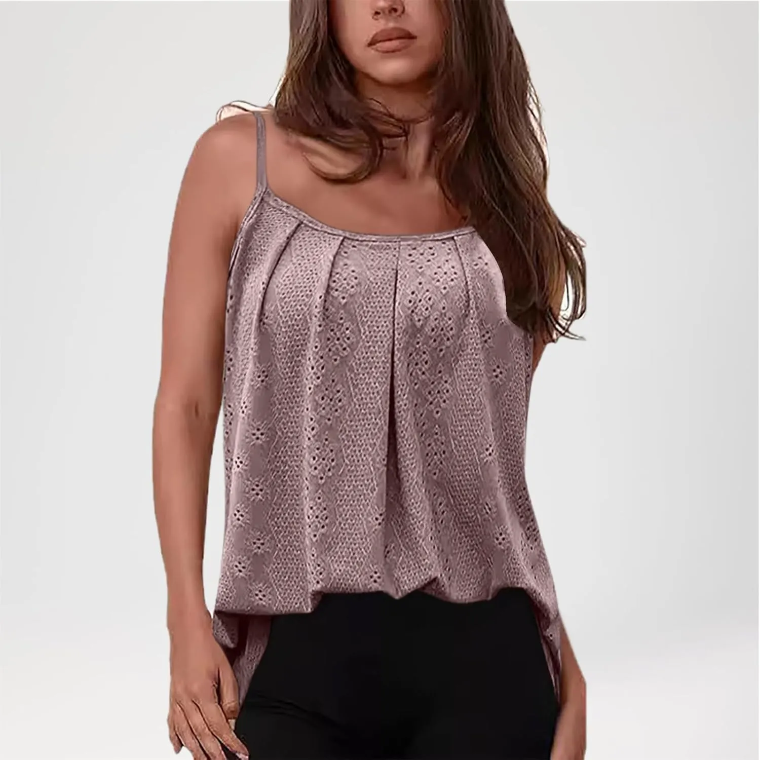 Women's Summer Casual Camisole Tops, Pleated Loose Eyelet Embroidery Trendy Clothes Sleeveless Spaghetti Strap Shirts