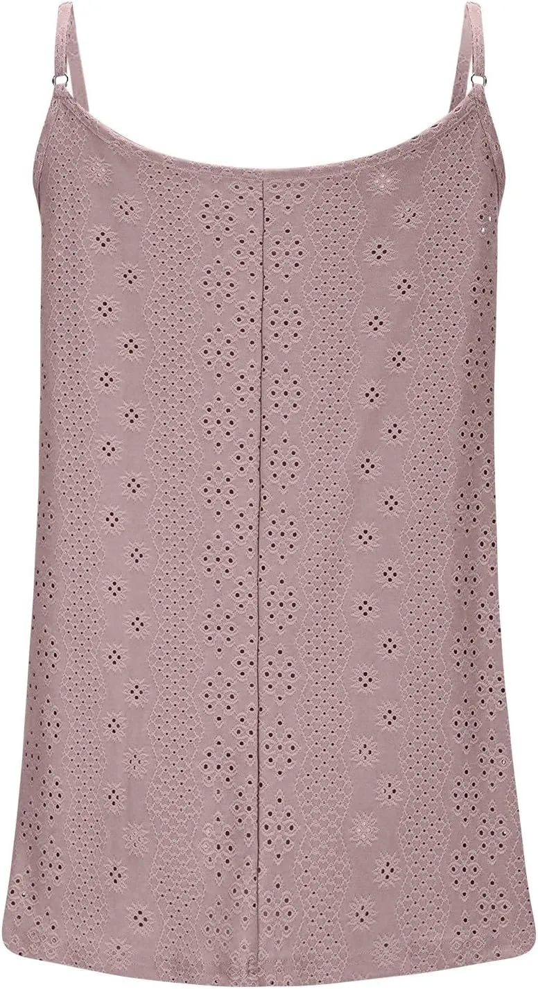 Women's Summer Casual Camisole Tops, Pleated Loose Eyelet Embroidery Trendy Clothes Sleeveless Spaghetti Strap Shirts