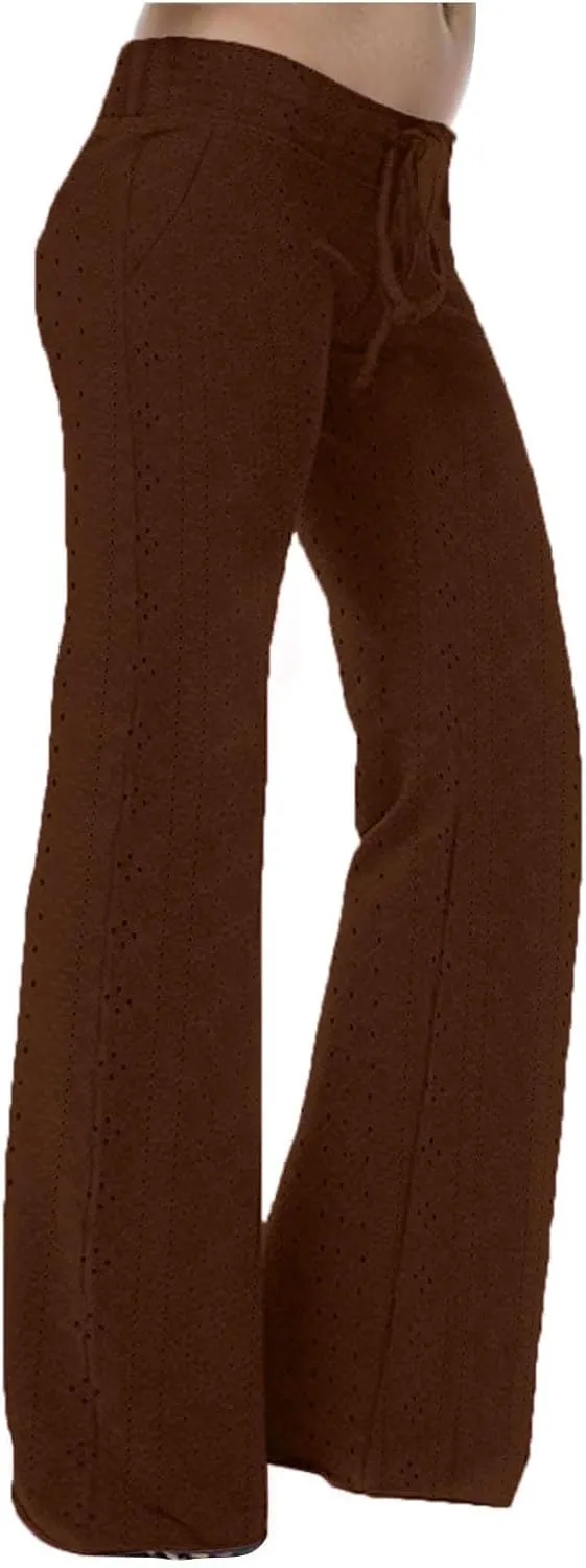 Womens Wide Leg Pants Hollow Out Yoga Pants Drawstring High Waisted Pants Solid Color Loose Casual Pant with Pockets