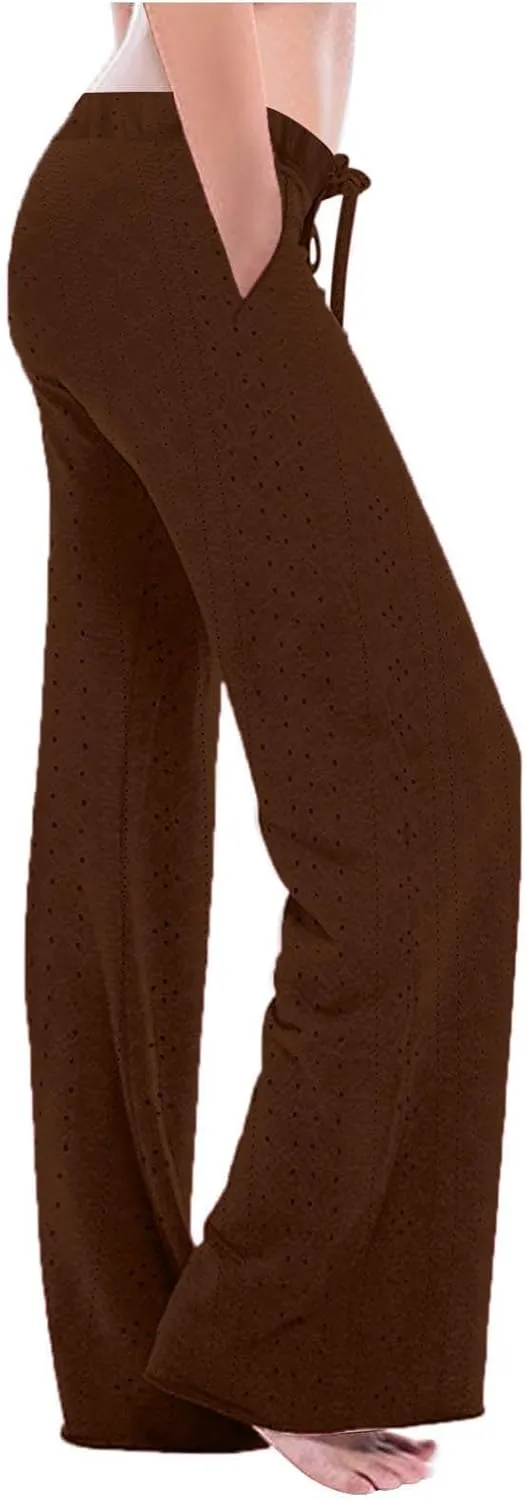 Womens Wide Leg Pants Hollow Out Yoga Pants Drawstring High Waisted Pants Solid Color Loose Casual Pant with Pockets