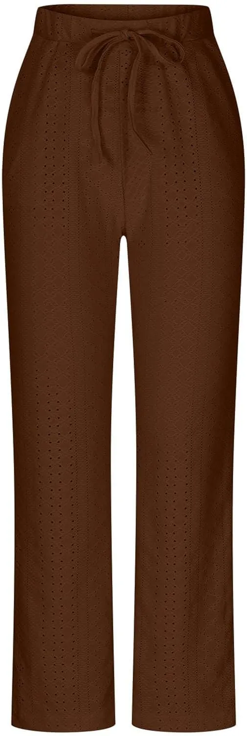 Womens Wide Leg Pants Hollow Out Yoga Pants Drawstring High Waisted Pants Solid Color Loose Casual Pant with Pockets