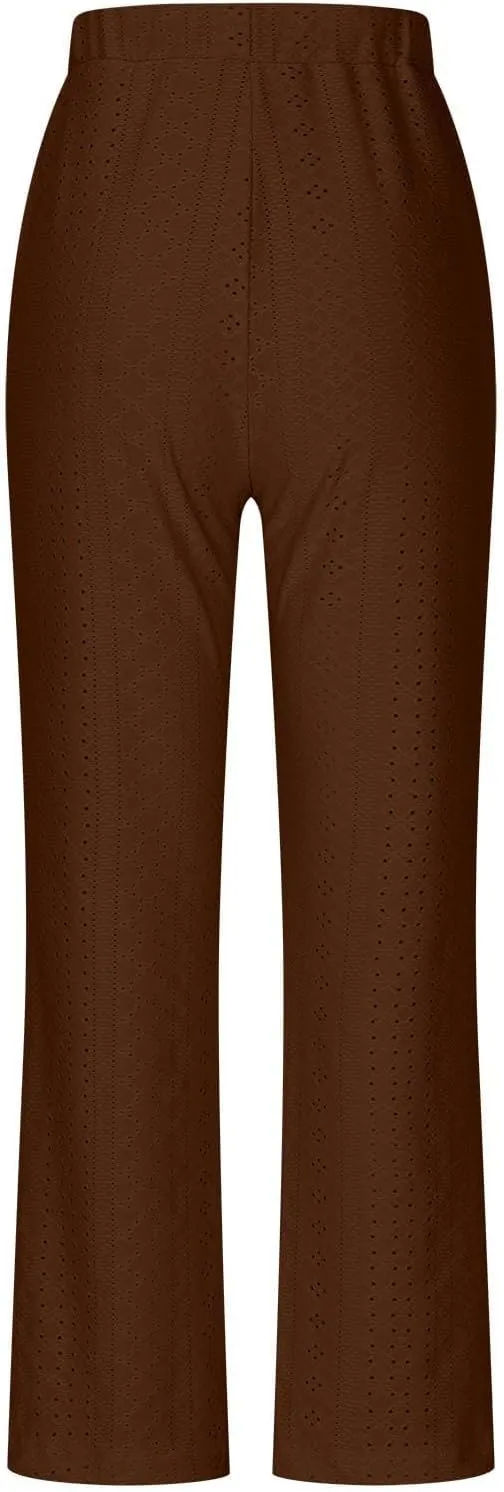 Womens Wide Leg Pants Hollow Out Yoga Pants Drawstring High Waisted Pants Solid Color Loose Casual Pant with Pockets