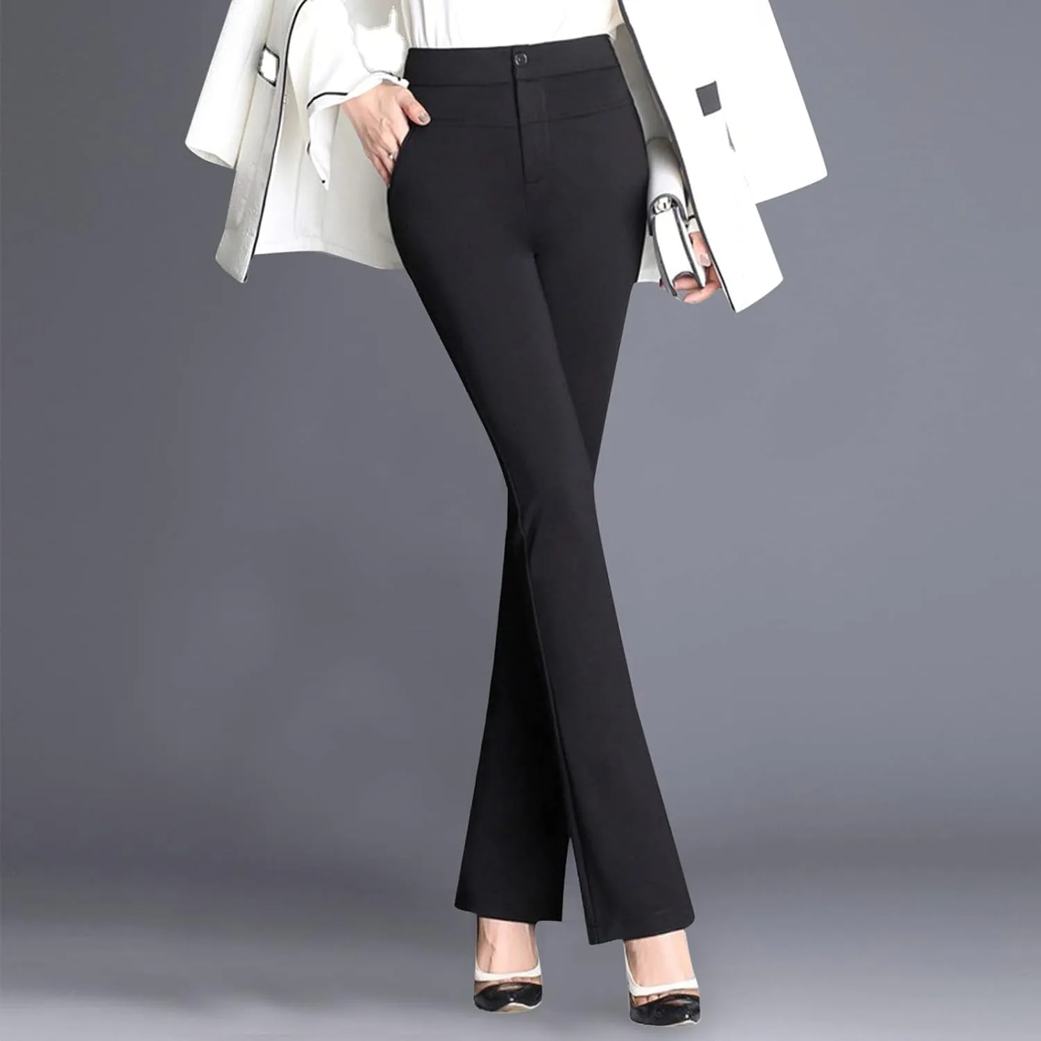 YOLAI Women Stretchy Work Business Trousers Casual Straight Leg Flare Trousers High Waist Non Wrinkles Pants