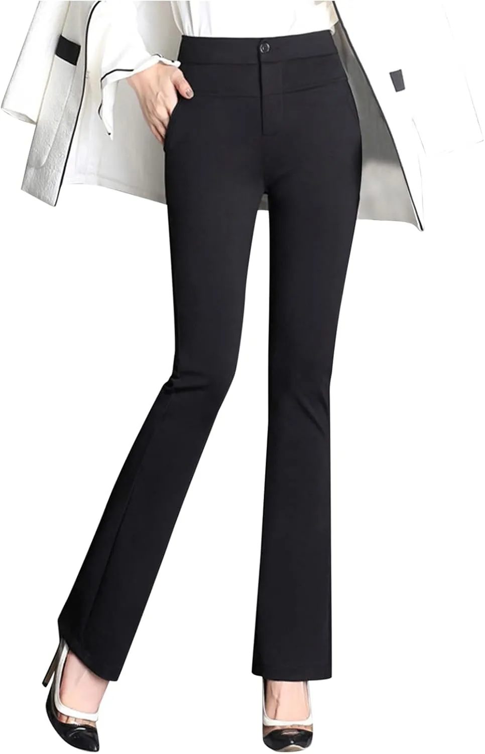 YOLAI Women Stretchy Work Business Trousers Casual Straight Leg Flare Trousers High Waist Non Wrinkles Pants