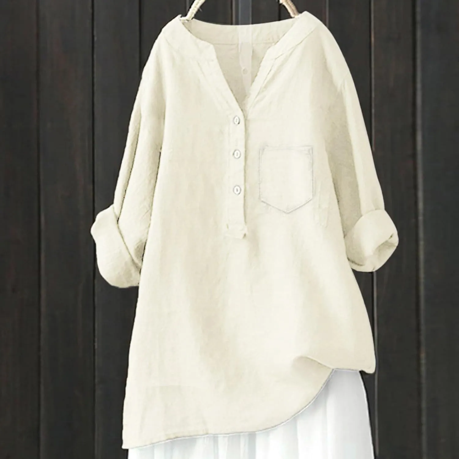 ZWRXW Womens Cotton Linen Shirts 3/4 Sleeve V Neck Tshirts Solid Color Comfy Tops Summer Casual Dressy Tunic Top Blouses